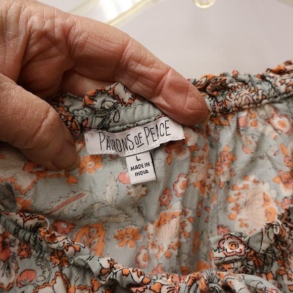 Patrons of Peace Peasant Blouse Fuffle Tie Front, Elastic Sleeves Sz L - Picture 5 of 14